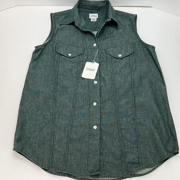 Vtg Theo Denim Button Up Sleeveless Shirt Top NWT Chest Pockets Curved H… - Picture 2 of 9